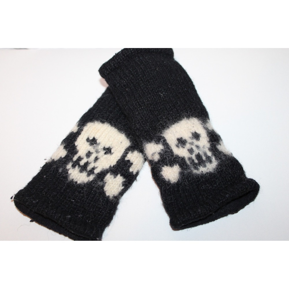 Yak n Yeti Wool Skull Crossbones Fingerless Gloves Fleece Lined Black White
